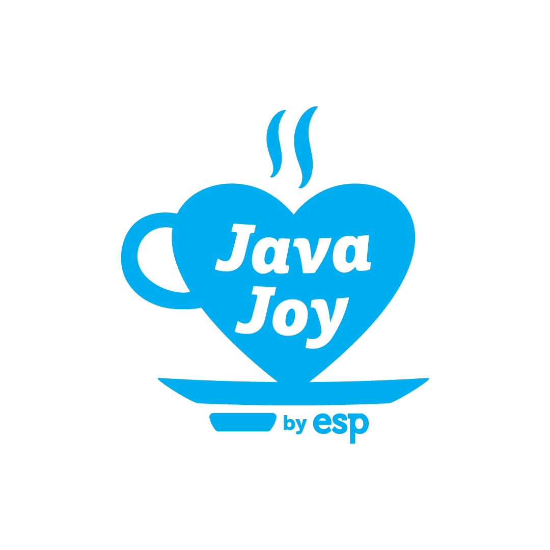 a blue sticker with white text saying Java Joy