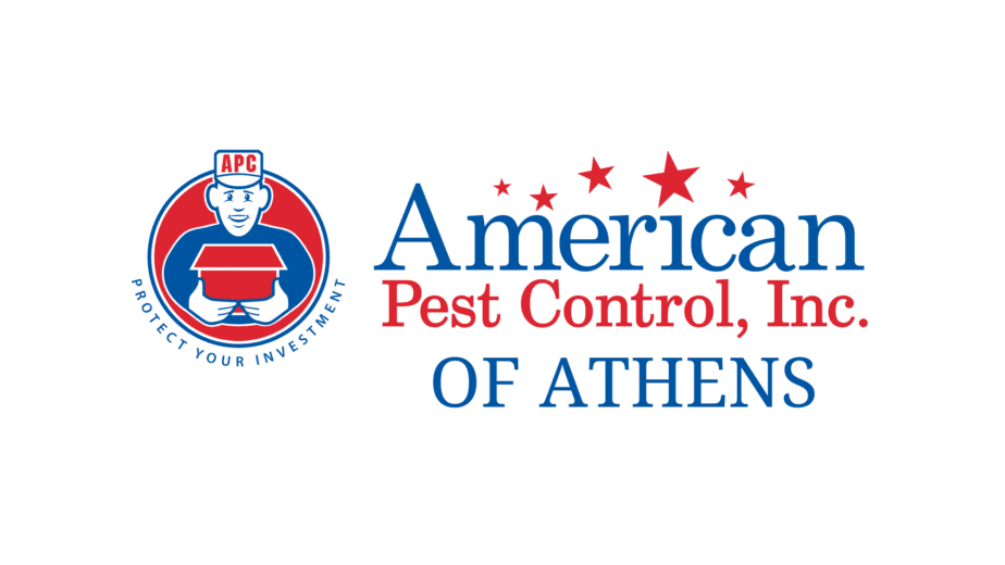 a white square with red blue and white text saying American Pest Control Athens
