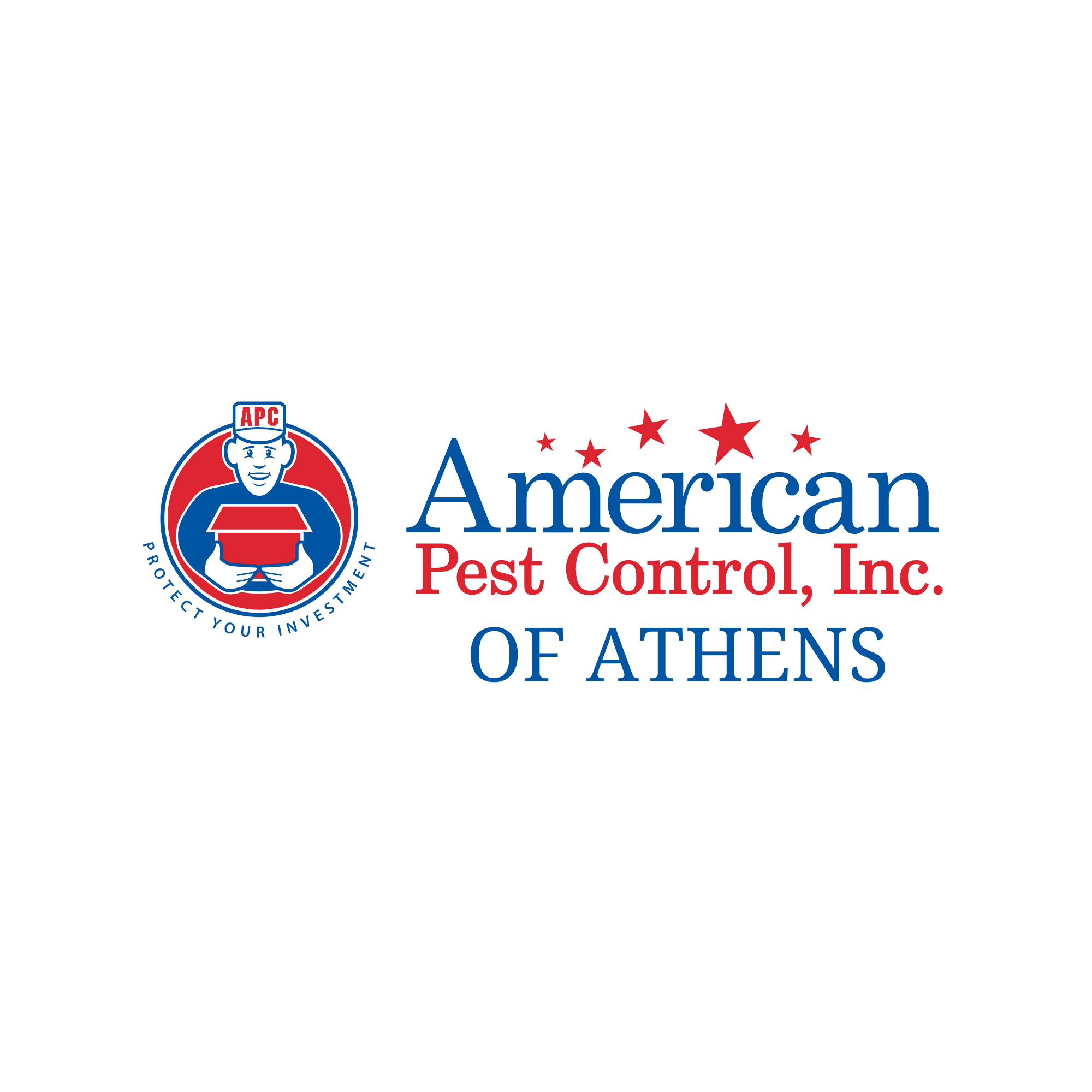 a white square with red blue and white text saying American Pest Control Athens