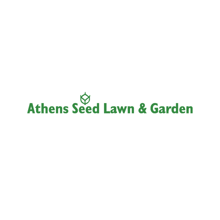 "a white square with green text saying athens seed lawn garden