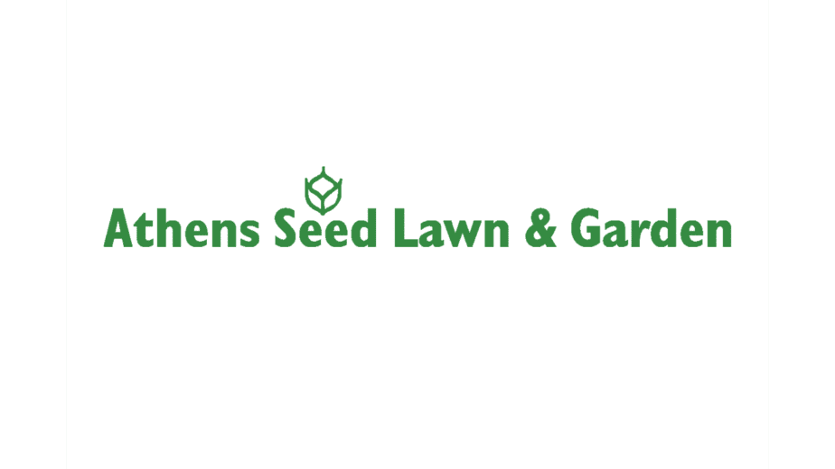 "a white square with green text saying athens seed lawn garden