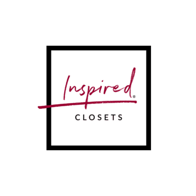 a white square with black border and red text saying inspired closets