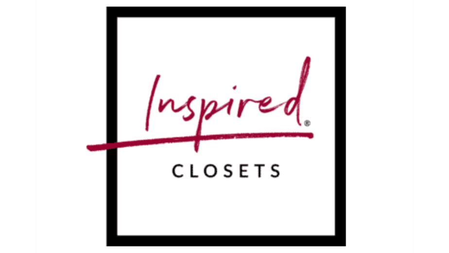 a white square with black border and red text saying inspired closets