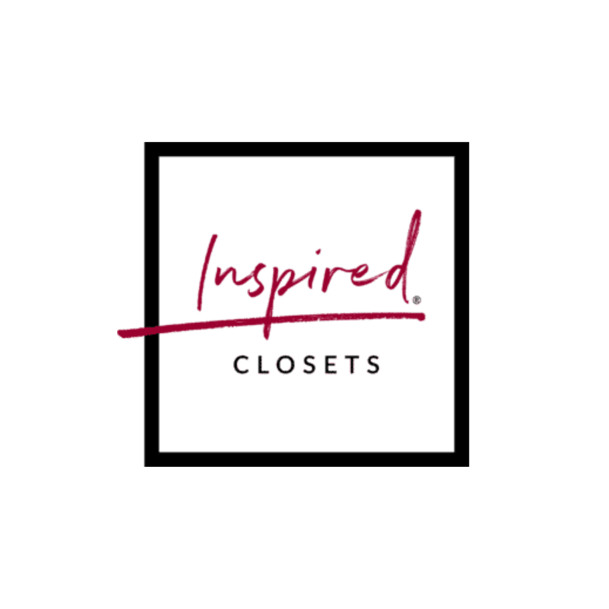 a white square with black border and red text saying inspired closets