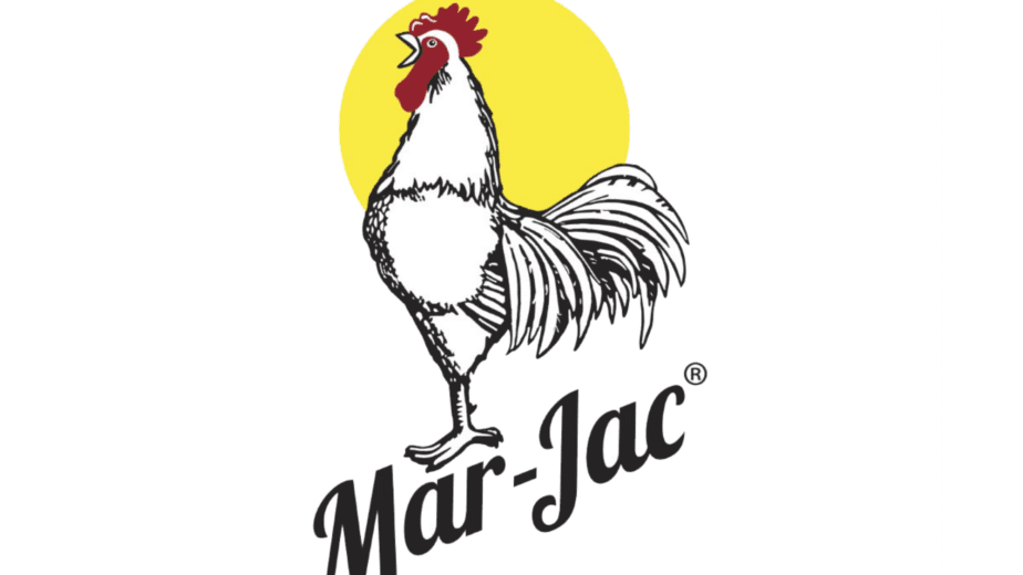 a rooster with a yellow circle and black text saying mar-jac