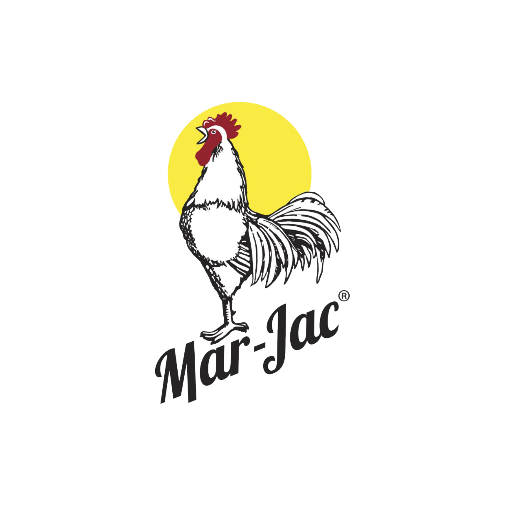a rooster with a yellow circle and black text saying mar-jac