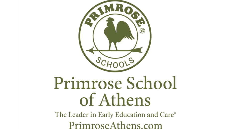 a white square with green logo of Primrose School of Athens