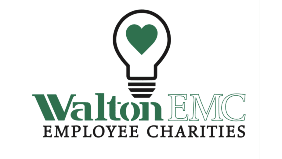 a white and green logo with a light bulb and a heart for Walton EMC