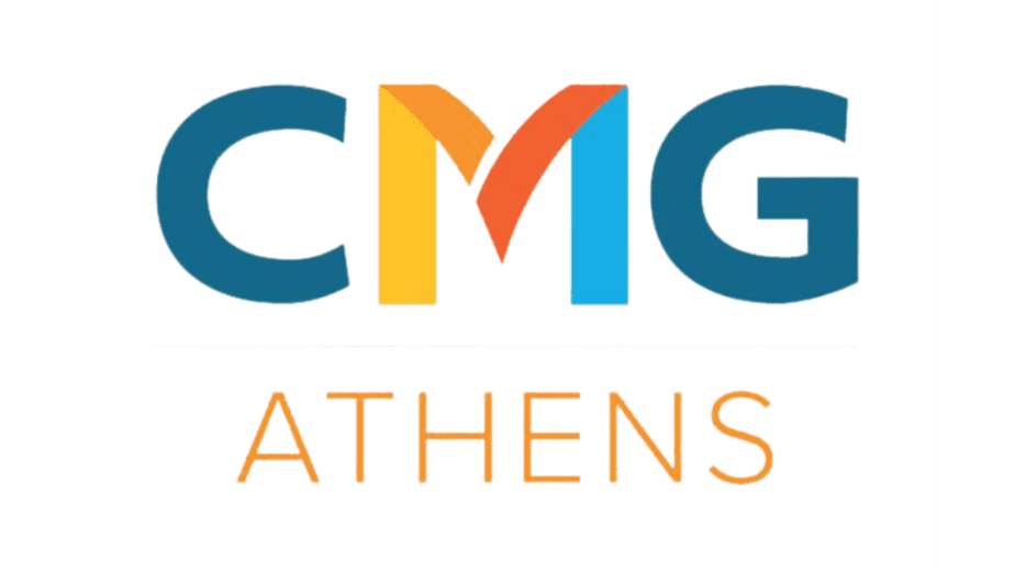 a white square with blue and orange letters with CMG athens letters