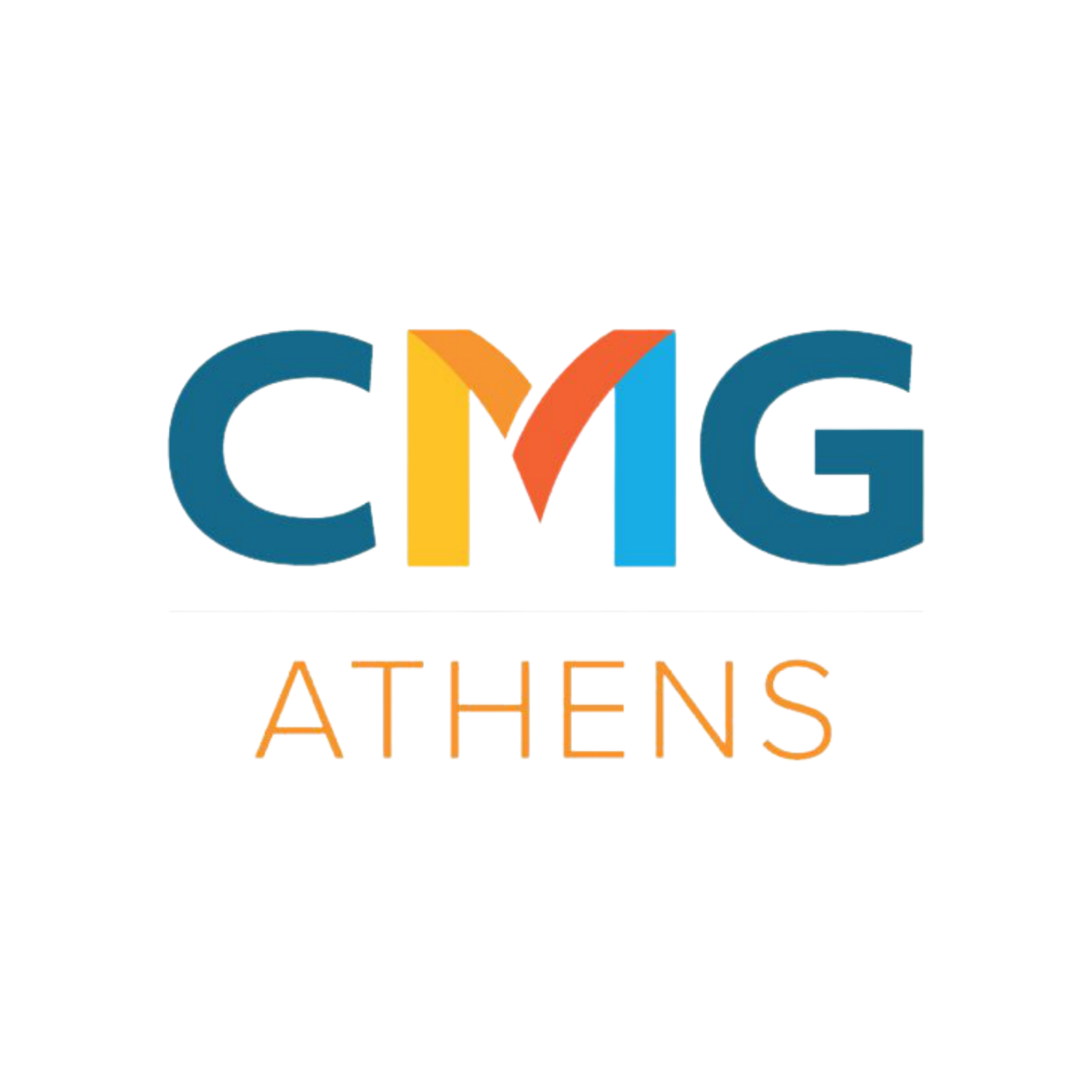 a white square with blue and orange letters with CMG athens letters