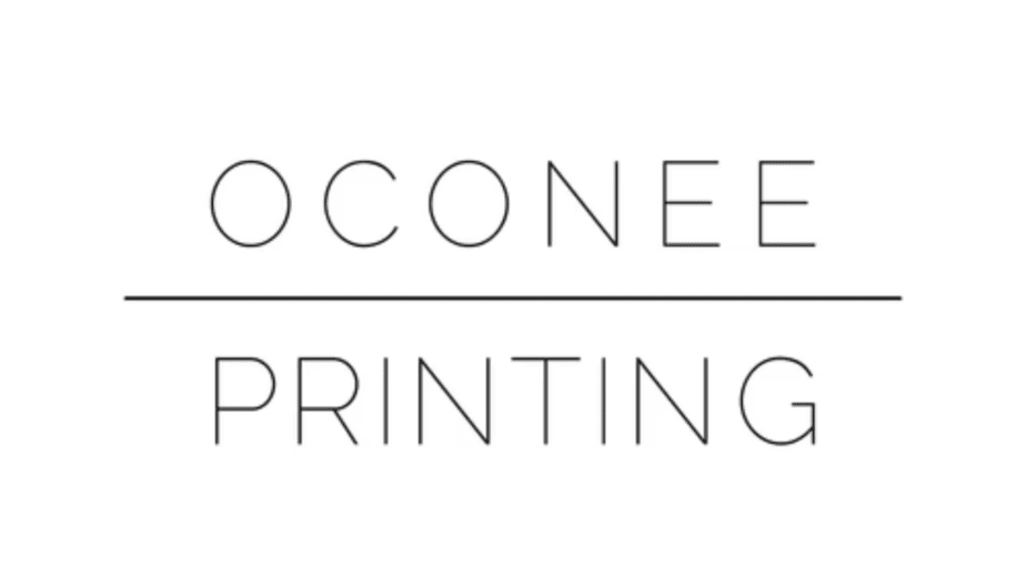 a black and white rectangular sign for oconee printing