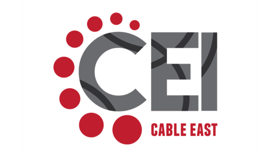 a logo with red dots and a black border for CEI